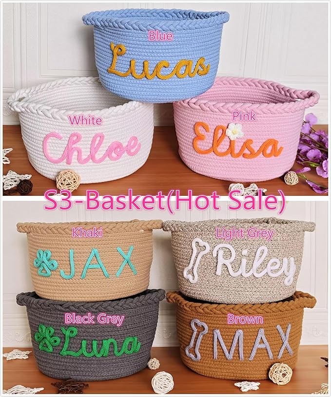 JUPPE Custom Pet Dog Toy or Food Storage Basket with Personalized Name, Dog Toys and Food Storage Box Pet Cat Organizer Bag Gift Cotton Rope Basket Gift (Custom Cat Basket)