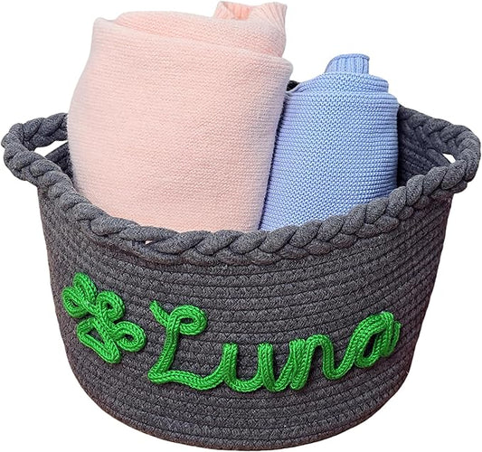 JUPPE Custom Pet Dog Toy or Food Storage Basket with Personalized Name, Dog Toys and Food Storage Box Pet Cat Organizer Bag Gift Cotton Rope Basket Gift (Custom Cat Basket)