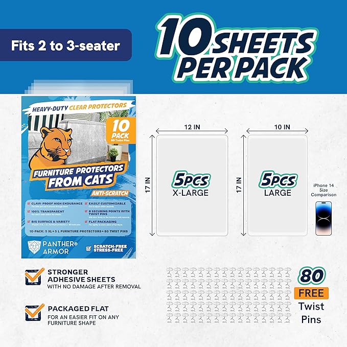 10 Pack Cat Scratch Furniture Protector Sheets – Clear Couch & Sofa Guard from Cat Claws – Easy Apply, Removable, with Twist Pins (5 XL + 5 Large)