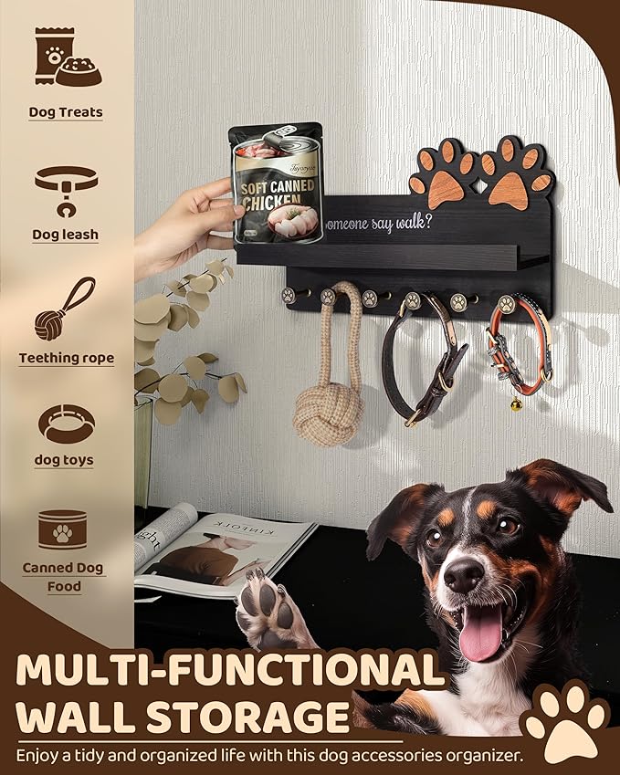 MTERSN Decorative Dog Leash Holder for Wall - Dog Accessories Organizer with Floating Shelf & 6 Hooks for Home Decor - The Cute Key Holder Wall Mount for Dogs Lover Gifts (Black)