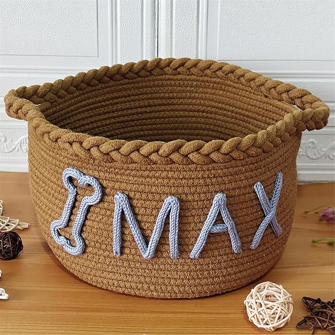 JUPPE Custom Pet Dog Toy or Food Storage Basket with Personalized Name, Dog Toys and Food Storage Box Pet Cat Organizer Bag Gift Cotton Rope Basket Gift (Custom Cat Basket)